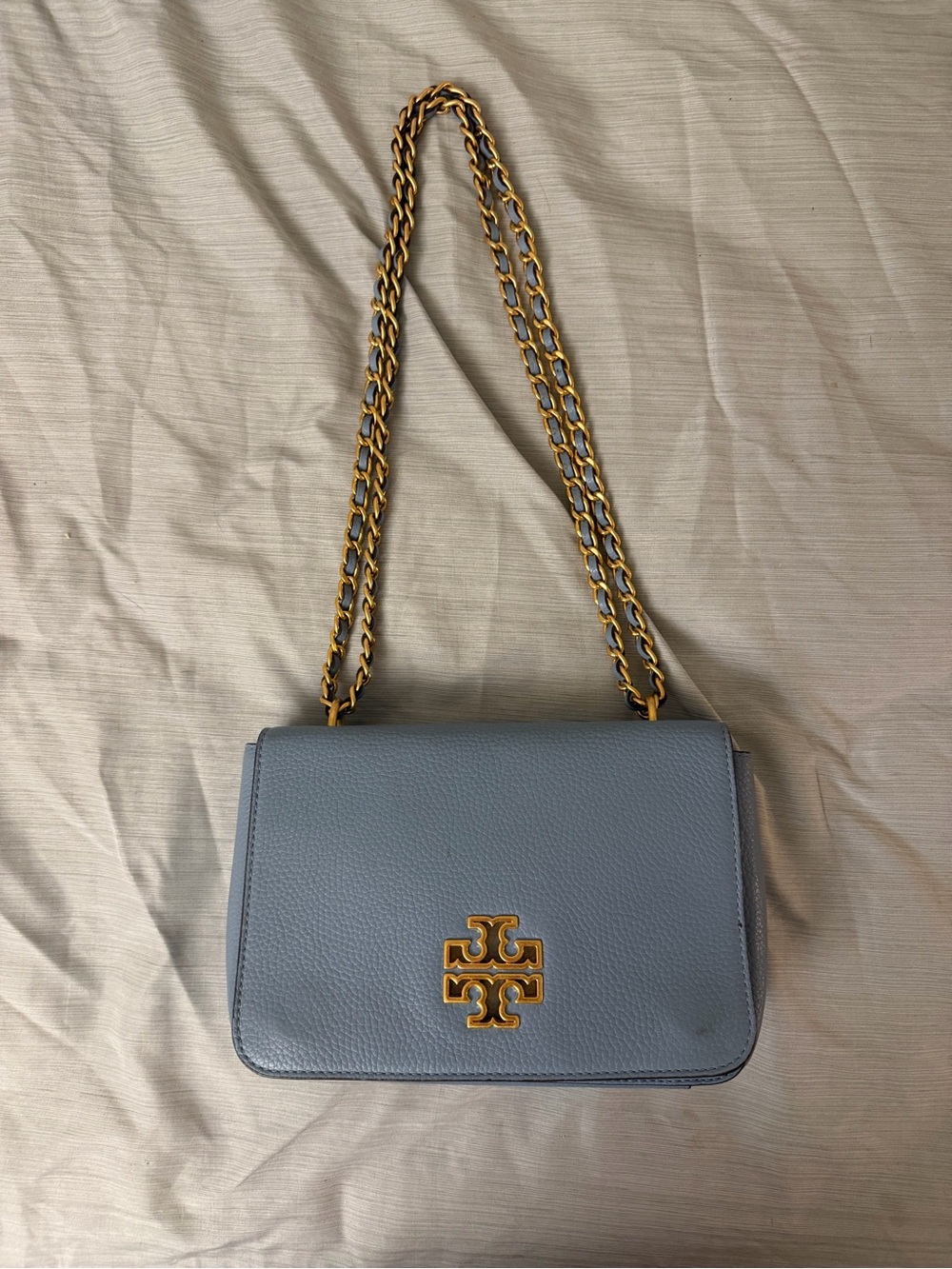 Tory Burch Light Blue Leather Shoulder Bag with Gold Chain